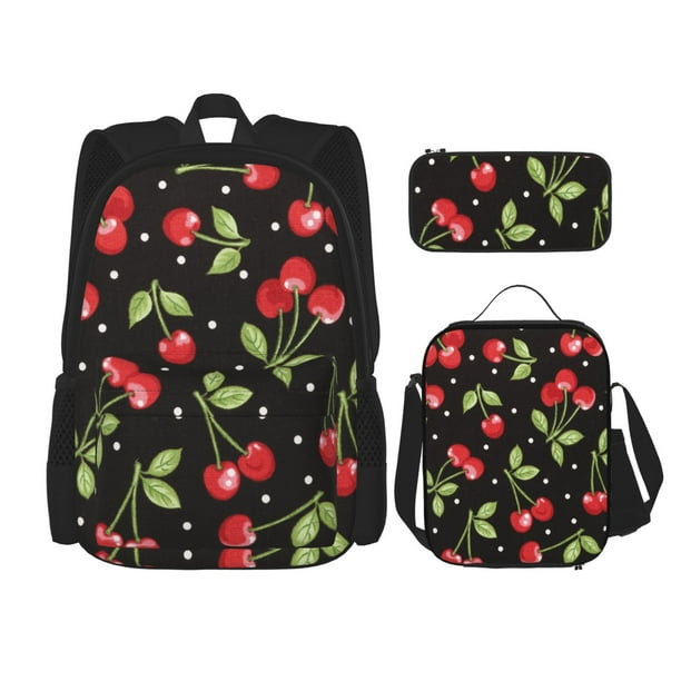 Easygdp Sweet Red Cherry Mochila para Niños y Niñas con Set de Caja de Almuerzo y Estuche para Lápices 3 en 1, Mochila Escolar Estampada para Adolescentes