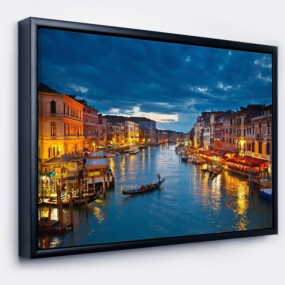 DESIGN ART Designart 'Grand Canal at Night Venice' Cityscape Photo Framed Canvas Print 20 in. wide x 12 in. high Black