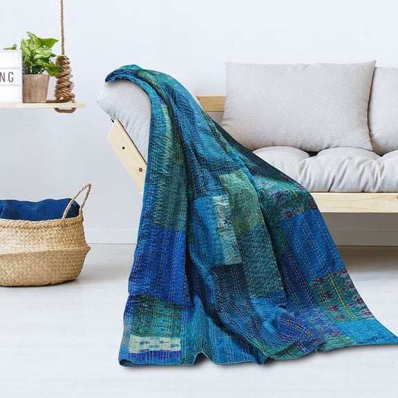 Vinsan Home Indian Handmade Kantha Quilted Vintage Kantha Silk Quilt Boho Indian Patchwork Coverlet Throw Bedspread Blanket Bedcover Bedding Home Decorative Gudri Turquoise Color Queen Size 90" x 108"