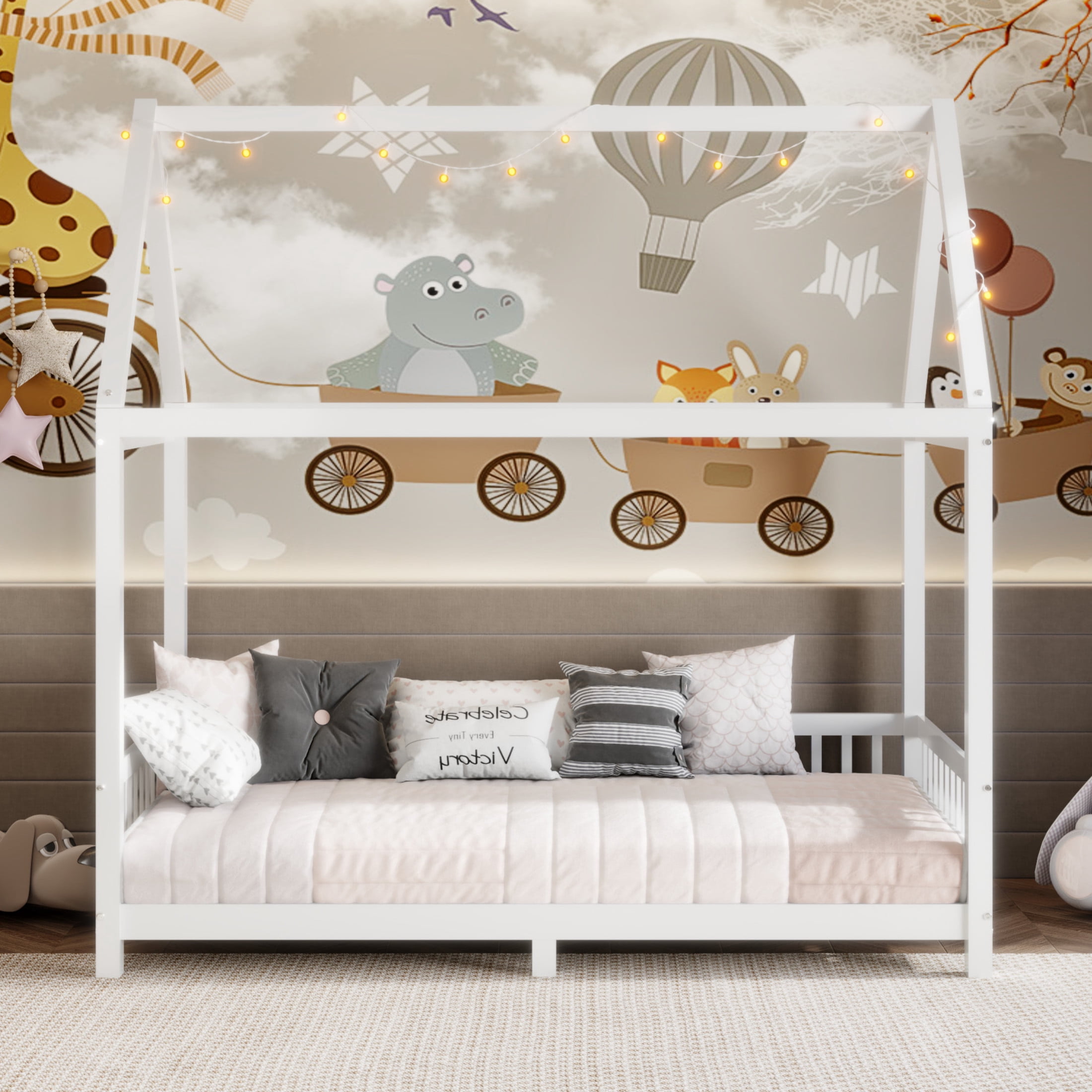 Noble House Auburn Twin Size Wood House Bed with Integrated Guardrail and LED Lights, Sturdy 4-Poster Play Bed, White