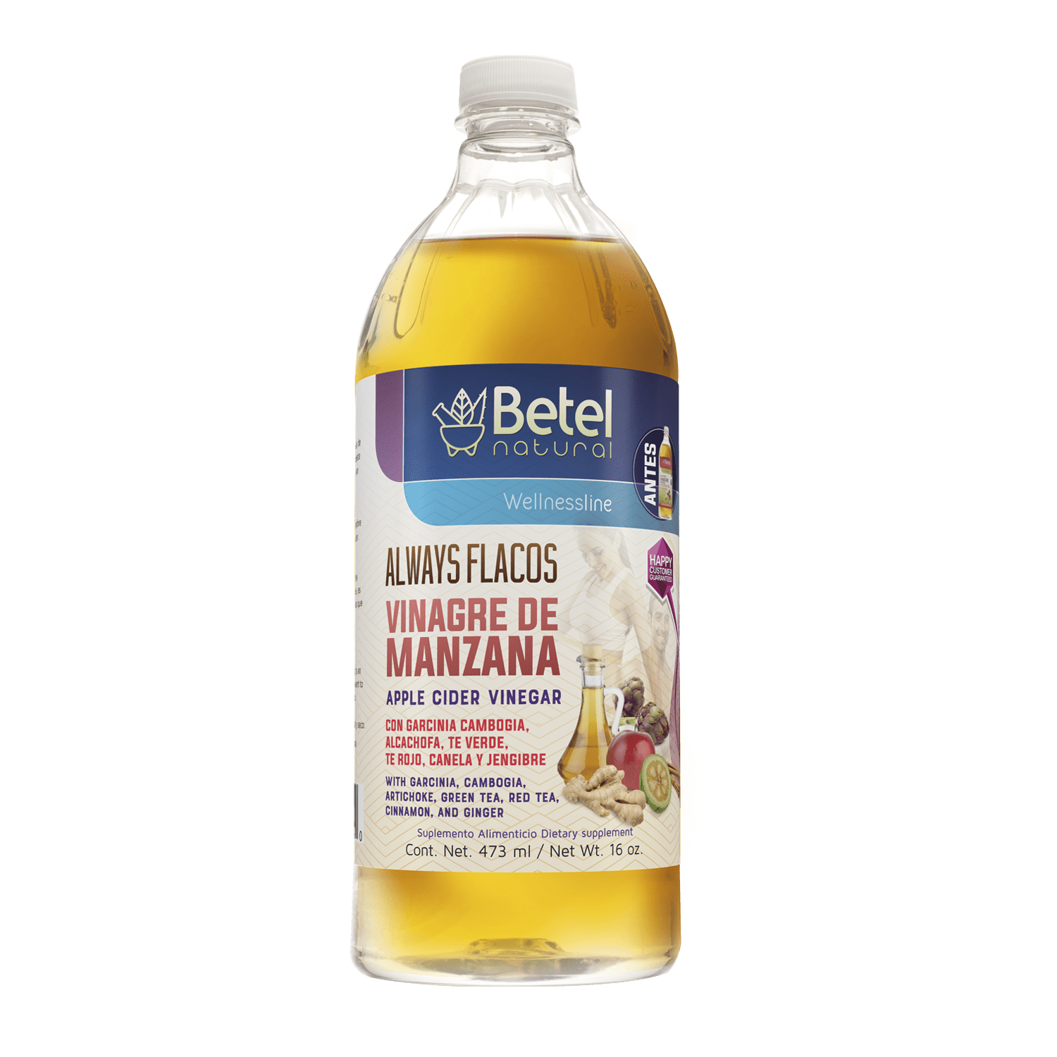 Always Flacos Vinagre de Manzana - Apple Cider Vinegar with Alcachofa and Garcinia Cambogia - Betel Natural 16 Oz