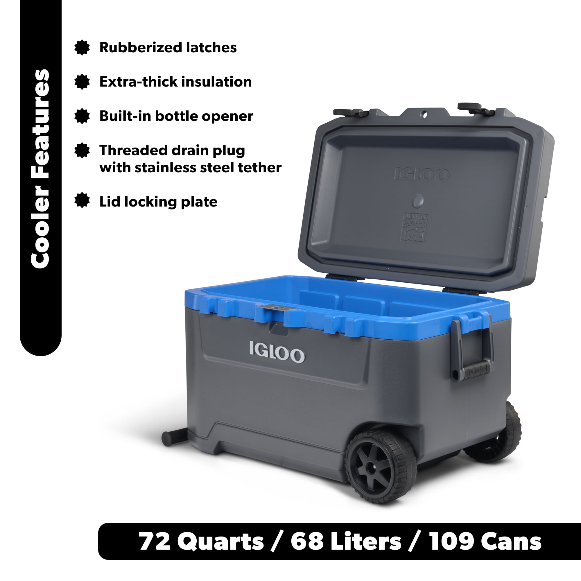 Igloo 72 QT Overland Ice Chest Cooler with Wheels, Gray and Sneaky Blue