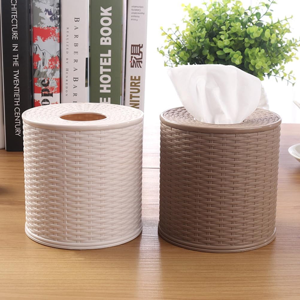 ABCISI Tissue Roll Dispenser, Plastic Toilet Paper Box with Lid, Imitation Rattan Toilet Paper Holder for Tabletop (12.5x12.5x13cm)
