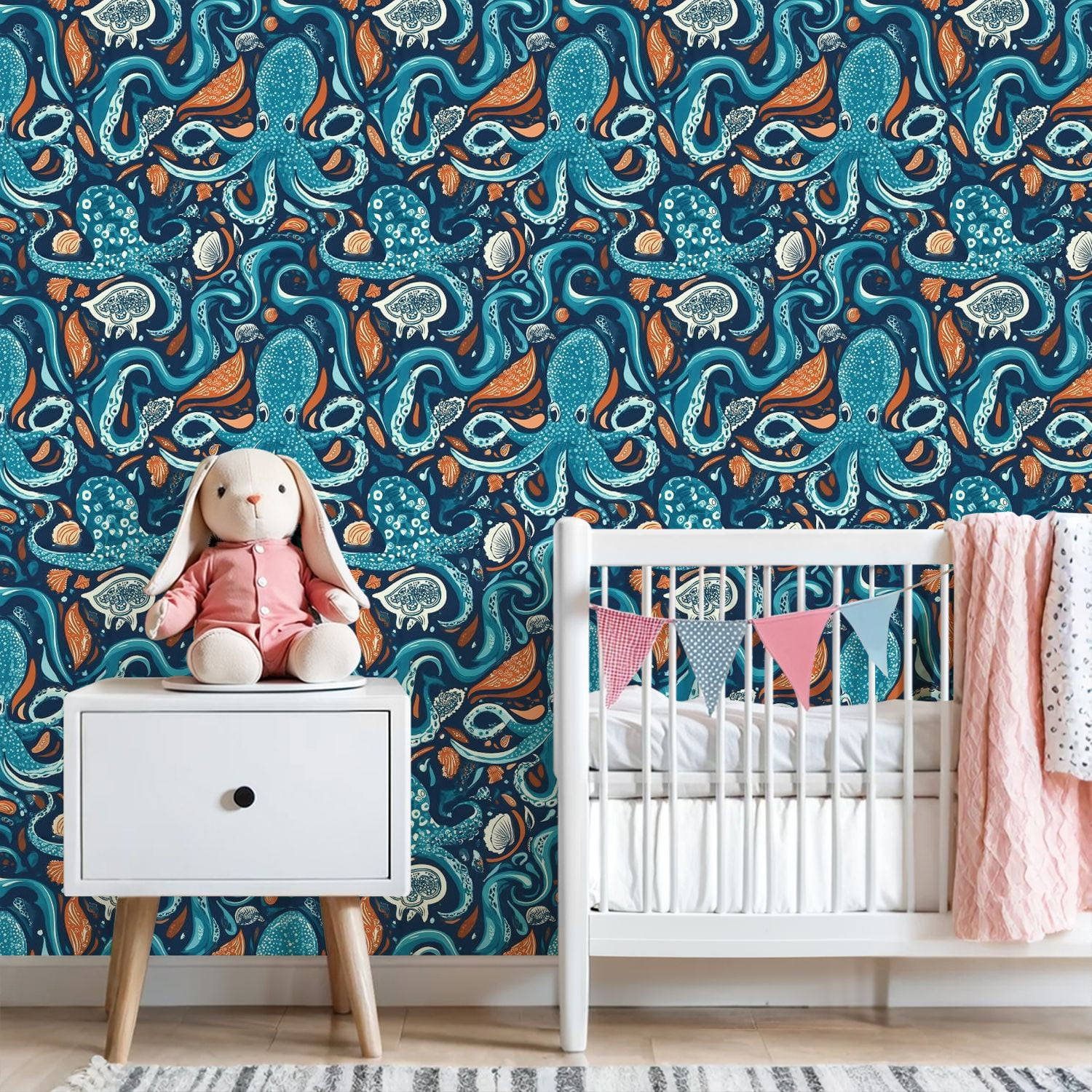 Paisley Peel and Stick Wallpaper 23.6in x 9.8ft Abstract Ocean Design Octopus Marine Life Blue Orange Contact Paper Vinyl Waterproof Self Adhesive Wall Paper for Bedroom Shelf Cabinet Renter Friendly