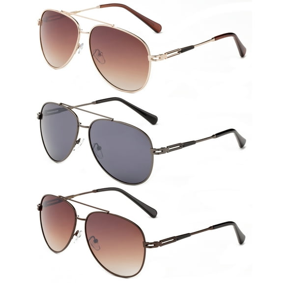 3 Pack Metal Rim Aviator Classic Sunglasses for Men for Women, Gunmetal, Brown & Dark Brown