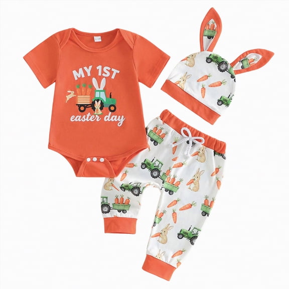 CAICJ98 My First Easter Baby Boy Outfit Truck Bunny Short Sleeve Romper Pants Hat Infant Onesie Newborn Spring Summer Clothes (Orange,0-3 Months）