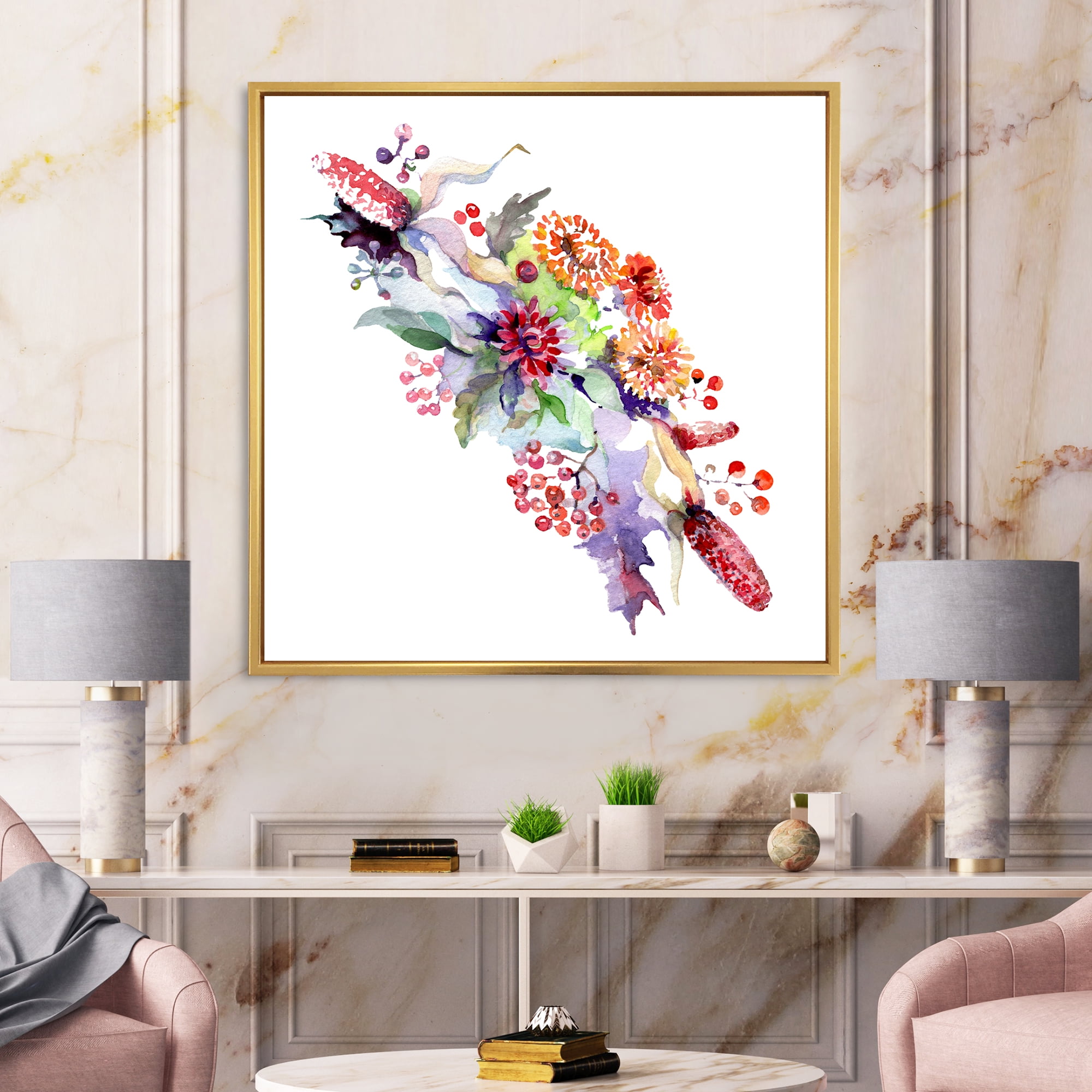Designart 'Bouquet With Berries and Wildglowers' Traditional Framed Canvas Wall Art Print