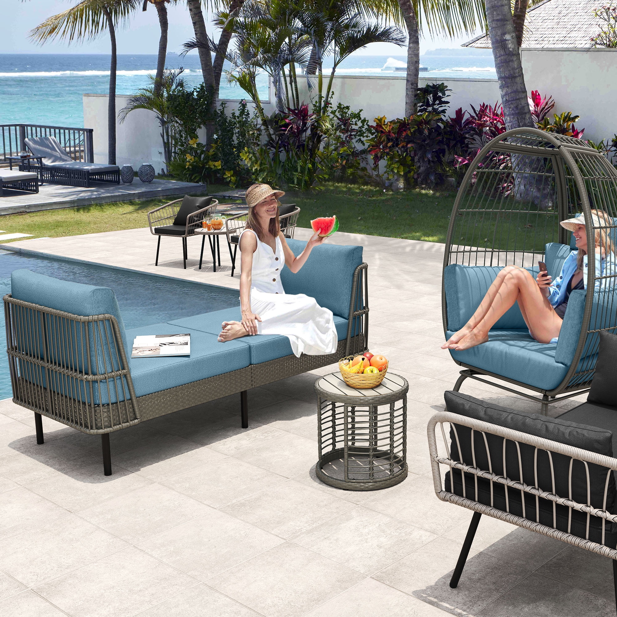 Dextrus Outdoor Daybed 74in Wicker Patio Sofa Bed With Thickness Cushion Indoor Bed Lounger for Balcony Garden Deck Lawn - Blue