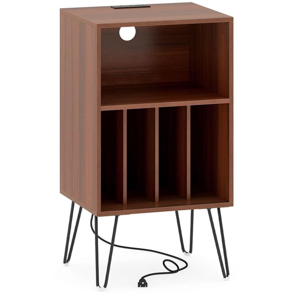 Topcobe Record Player Stand With Charging Station & Vinyl Storage, End Tables Living Room, Modern Furniture for Home-Walnut