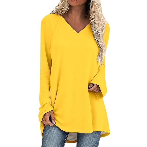 Wang6 Long Sleeve V Neck T Shirts for Womens Plus Size Loose Fit Tunic Tops Causal Crew Neck Long Solid Tees Shirts Yellow XL