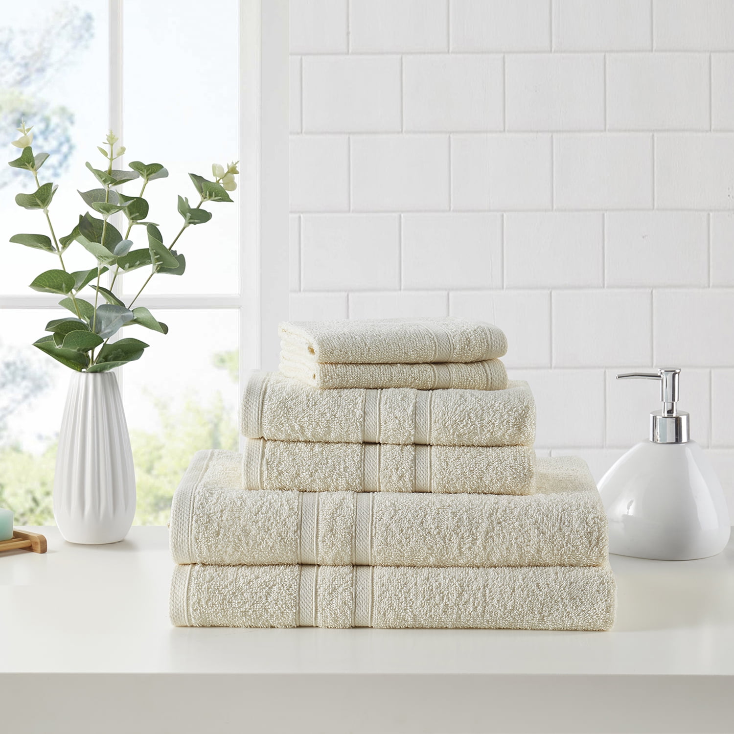 Clorox Bleach Friendly 6 Piece Towel Set, (2 Bath, 2 Hand, 2 Wash), Ivory