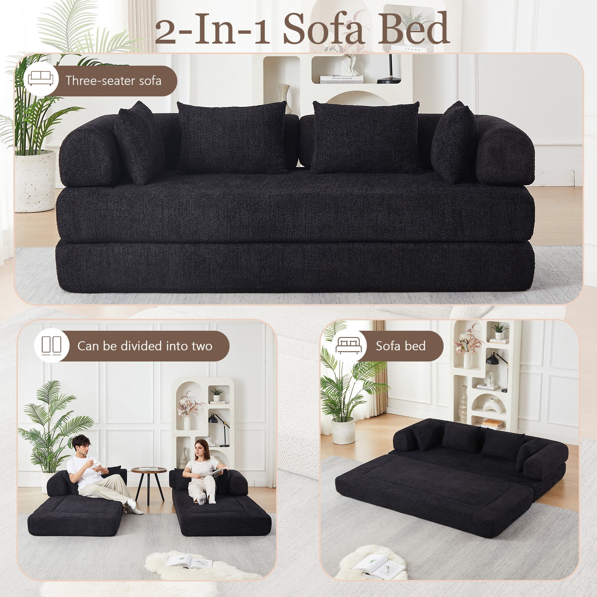 Sailvan 78.9" Convertible Sleeper Sofa, Modular Chenille Folding Mattress Sofa Bed with 4 Pillows, No Assembly Floor Lounge for Living Room Black