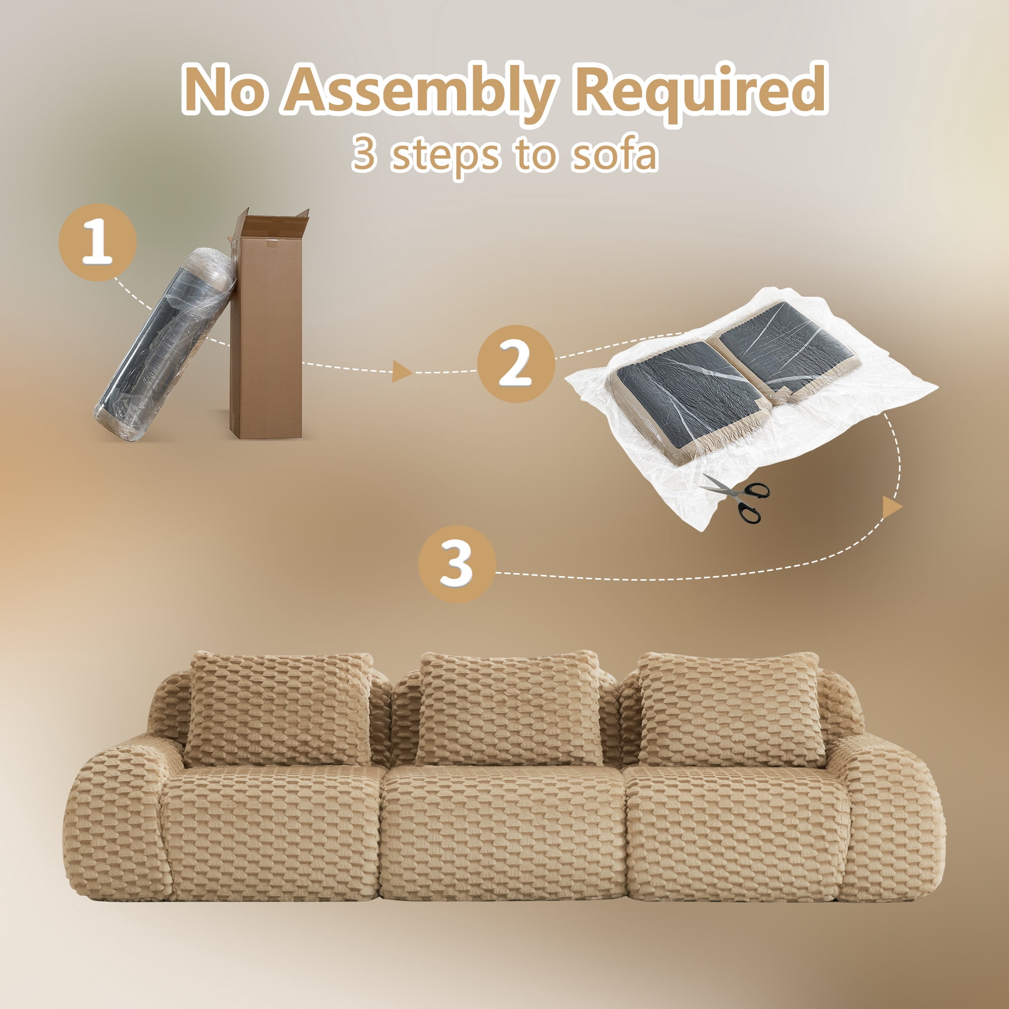 Aukfa 115" Deep Seat Cloud Sofa 3 Seat Modular Boneless Couch for Living Room, 3 Pillows, Flannel, Camel