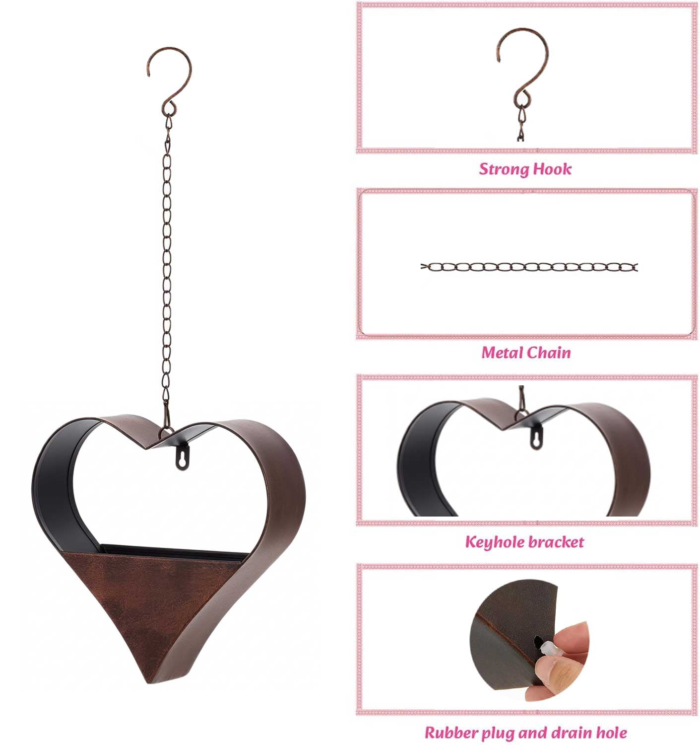 Hanging Planters Metal Heart Shape – Rustic Wall Mount for Indoor Outdoor, Wall Window Living Room Decor, Gifts for Women Mom Wife