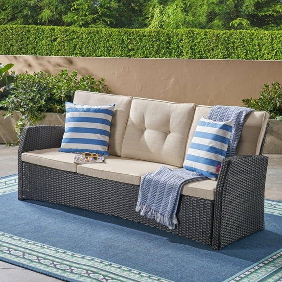 CoSoTower Outdoor 3-Seater PE Rattan Style Sofa with Water Resistant Cushions, Dark Brown