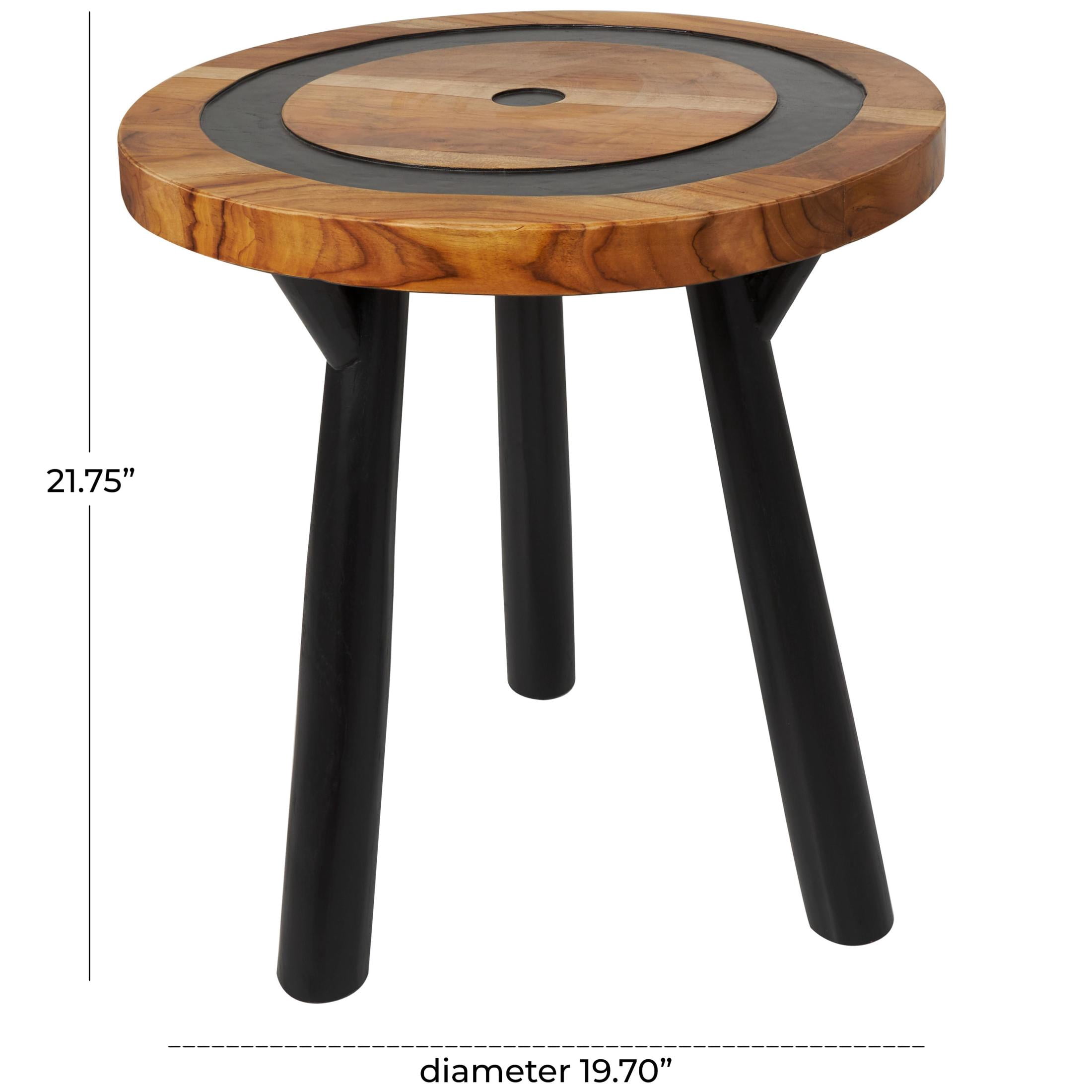 DecMode 20" x 22" Brown Teak Wood Layered Circle Geometric Accent Table with Black Legs, 1-Piece