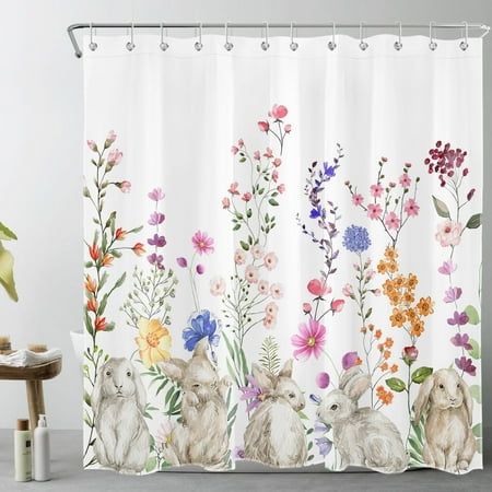 HVEST Spring Easter Shower Curtain for Bathroom,Cute Rabbit and Colorful Floral Green Leaf Botanical on White Fabric Shower Curtain with Hooks,Farmhouse Country Bathroom Curtains Shower Set, 69x70 inc