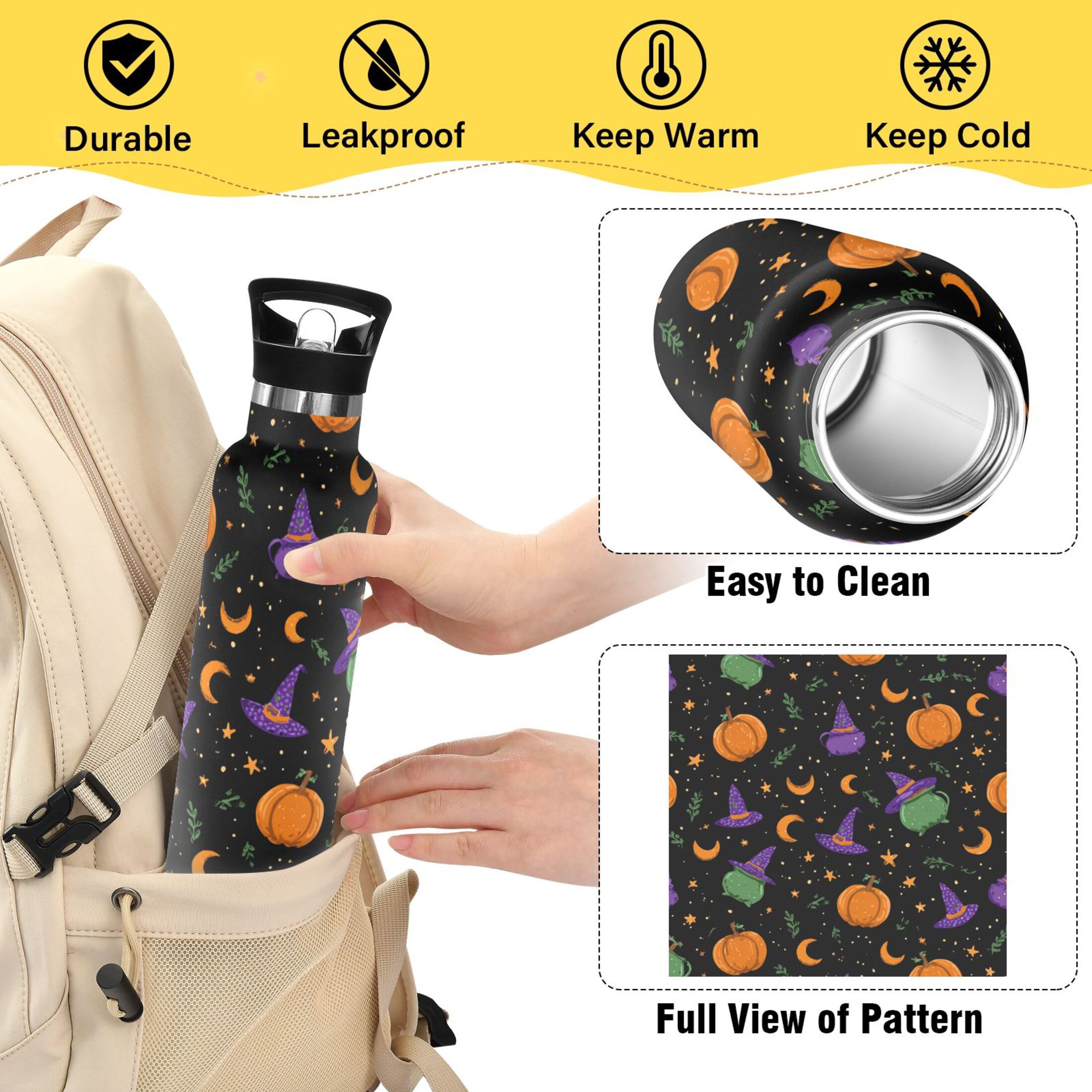 Kids Insulated Stainless Steel Sports Water Bottle 600ml (20oz) Purple and Orange Halloween Icons