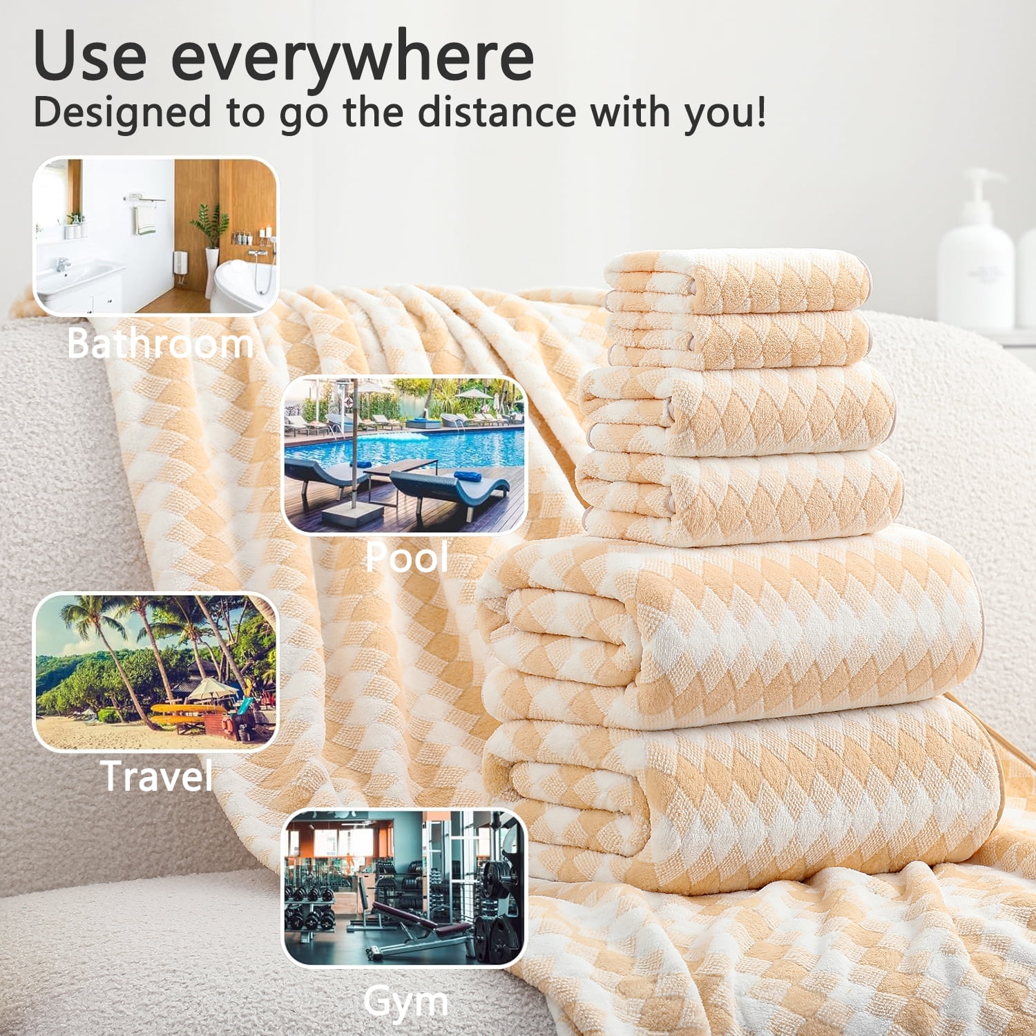 Beartech 8 Piece Microfiber Bath Towel Set 2 Oversized Bath Sheet,2 Hand Towels and 4 Washcloths| Ultra Soft & Less lint,Highly Absorbent Quick Dry Shower Towel For Bath Hotel-Apricot Yellow