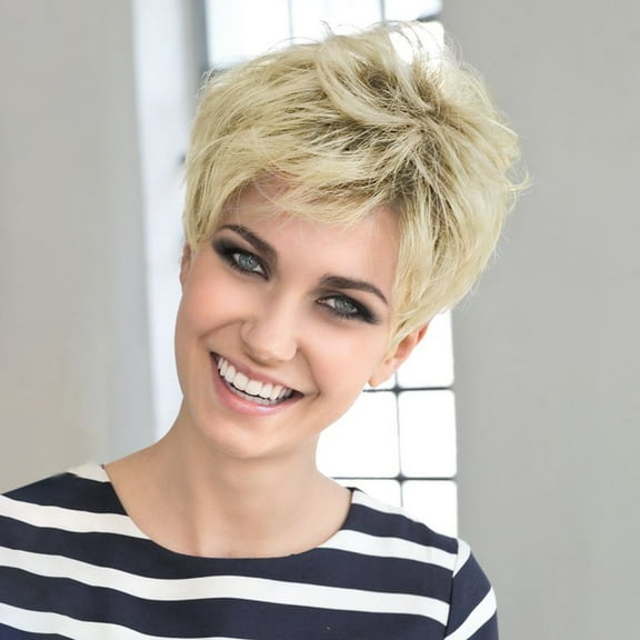 QUEENTAS Women Wigs Short Blonde Wig with Bangs Synthetic Short Hair Wigs( Blonde with Dark Roots)