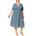 thumbnail image 2 of Unique Bargains Women's Plus Size Midi Bubble Sleeve Semi Sheer Fit and Flare Dresses 1X Gray Blue, 2 of 6
