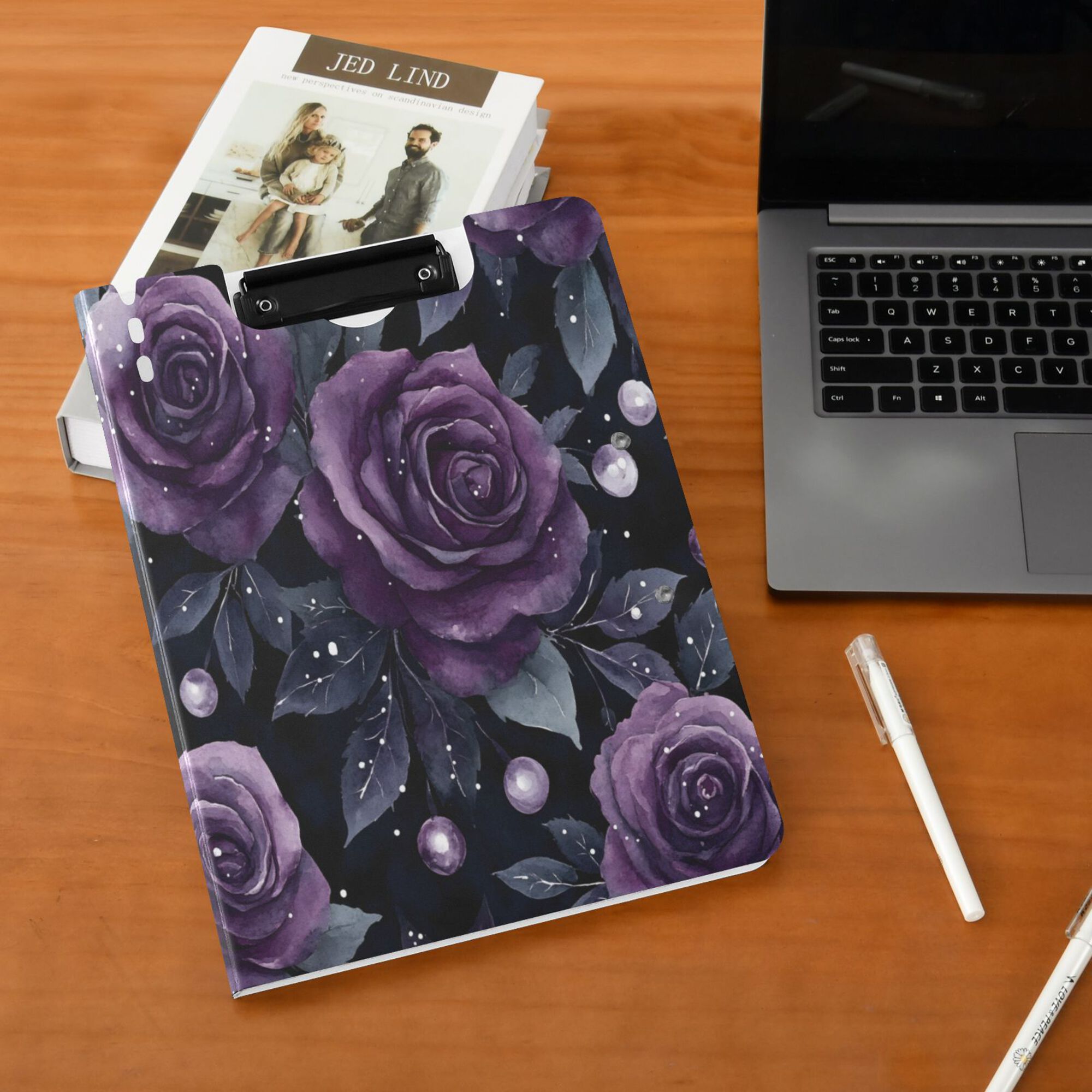 FORMRS A4 Clipboard Folder with Pen Holder Horizontal Foldable School Office Binder, Roses and Pearls