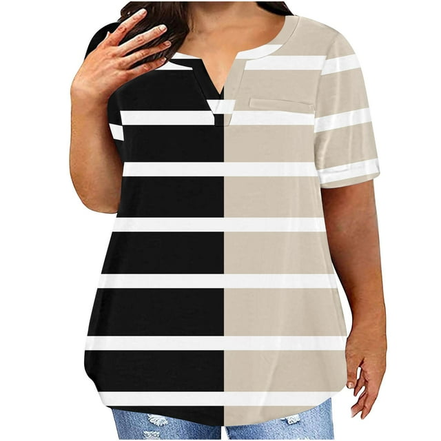 Meichang Womens Plus Size Summer Tops Notch V Neck Color Block Striped T Shirts Short Sleeve Casual Tshirt Shirts Loose Fit Work Tops