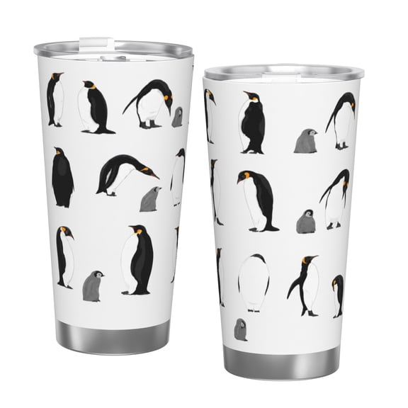 20oz Penguin Tumbler with Handle and Straw Cute Arctic Bird Stainless Steel Insulated Travel Coffee Cup Gift with Single Silver Rim