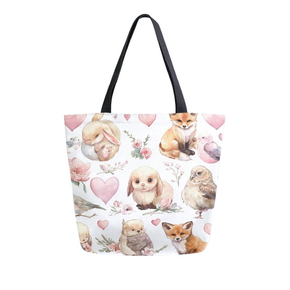 Open Top Canvas Tote Bag with Zipper Reusable Shopping Bag 13.5x15" Roomy Carryall Cute Collection Of Animals