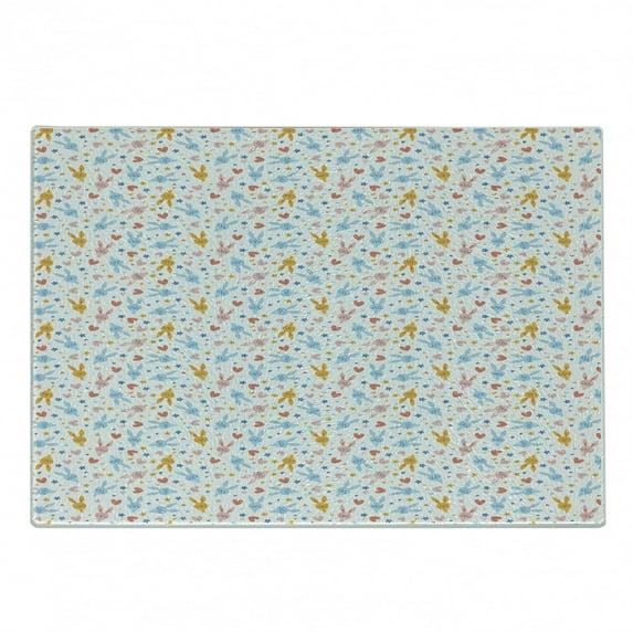 Pastel Cutting Board, Bunnies Flowers and Hearts Friendly Cartoon Characters, Decorative Tempered Glass Cutting and Serving Board, Small Size, Pale Blue Marigold Coral, by Ambesonne