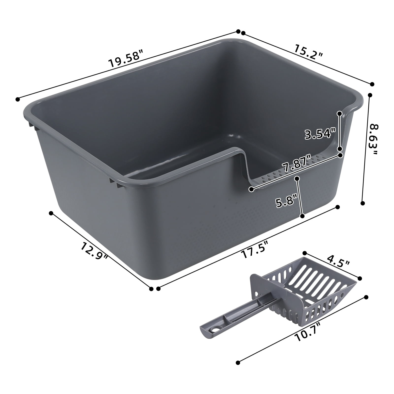 Xyskin Grey Plastic Open Top Cat Litter Box, Anti-Splashing Kitty Litter Box with Scoop, High Sides Cat Litter Pan, 4 Packs