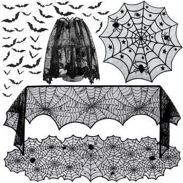 5 Pack Black Halloween Tablecloth Decorations, Lace Round Spider Web Table Cover Fireplace Mantel Scarf Lampshade with 36 Pcs 3D Bat for Halloween Decor Party Indoor