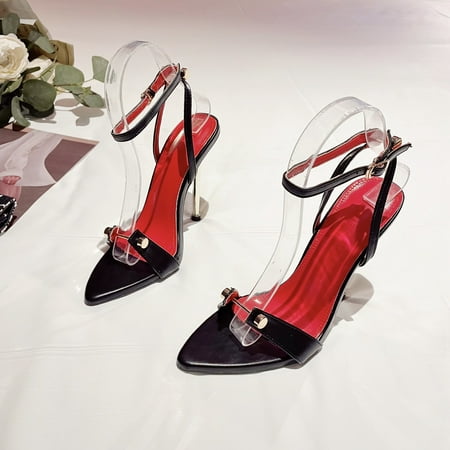 

HHH Fashionable Simple Pointed-Toe Metal T Headline Electroplated Stiletto Heel Roman Sandals for Women plus Size Women