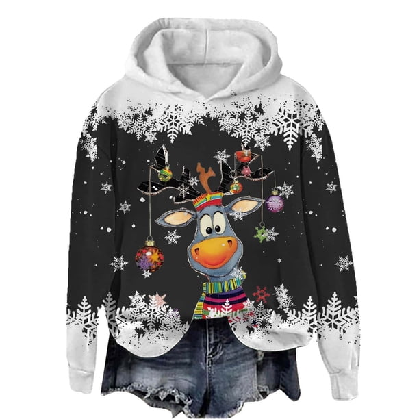 WILLBEST Sudadera de Mujer con Capucha, Estilo Casual, con Estampado Navideño de Ciervos con Cabeza Grande y Copos de Nieve Cuello Redondo, Manga Larga y Diseño Ligero Mediana