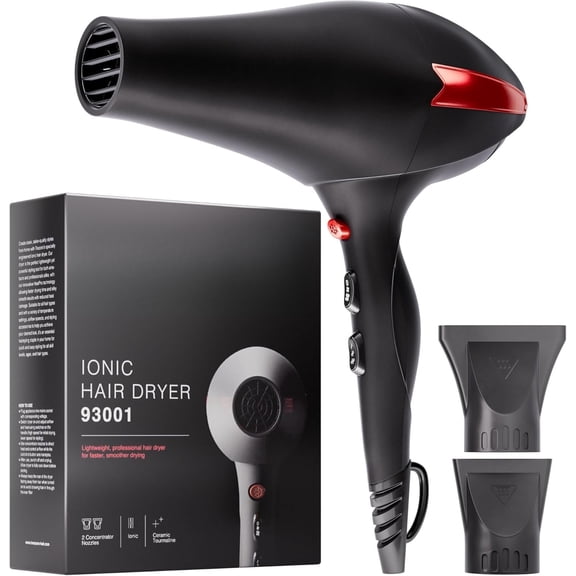 Professional Hair Dryer, Ionic Ceramic Tourmaline Technology, 2000W Quiet Drying, with Narrow & Wide Concentrator Nozzles, 3 Heat & 2 Speed Settings, Cool Shot Button, Black