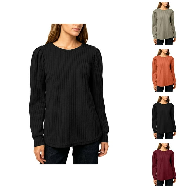 Womens Long Sleeve Shirts 2026 Spring Fashion Crewneck Basic Ribbed Knit Casual T Shirts Blouse