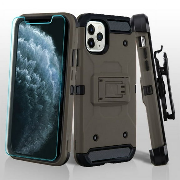 Apple iPhone 11 PRO Phone Case Tuff Hybrid Kinetic Armor Rugged TPU Dual Layer Hard Protective Cover Swivel Belt Clip Holster   Tempered Glass Screen GRAY Case Cover for Apple iPhone 11 Pro 5.8"