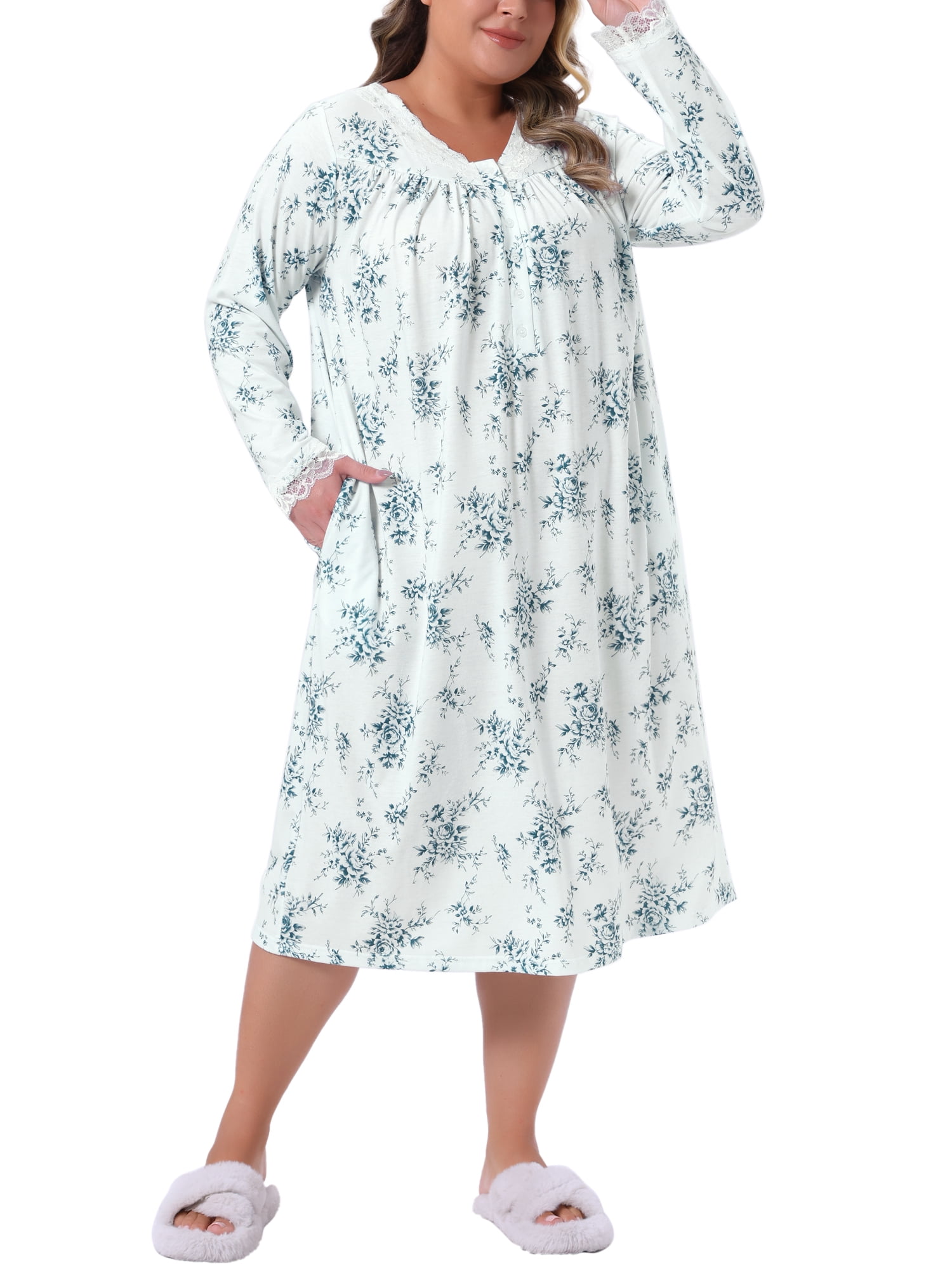 DARING DIVA Women's Plus Women's V Neck Lace Trim Long Sleeve Sleepwear 1X Blue