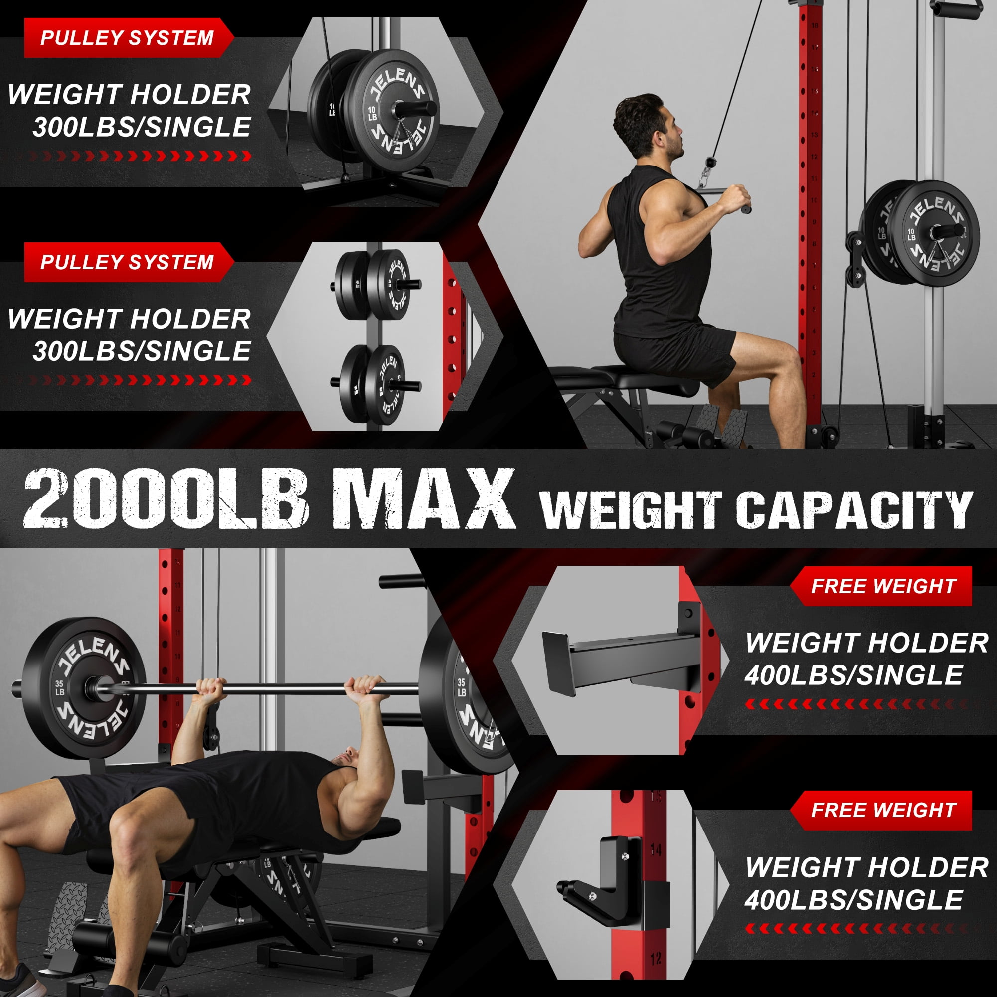 Multi-Function Power Rack Cage,2000lbs Dual Pulley Cable Crossover Machine with J Hooks, Dip Bars & Landmine for Home Gym