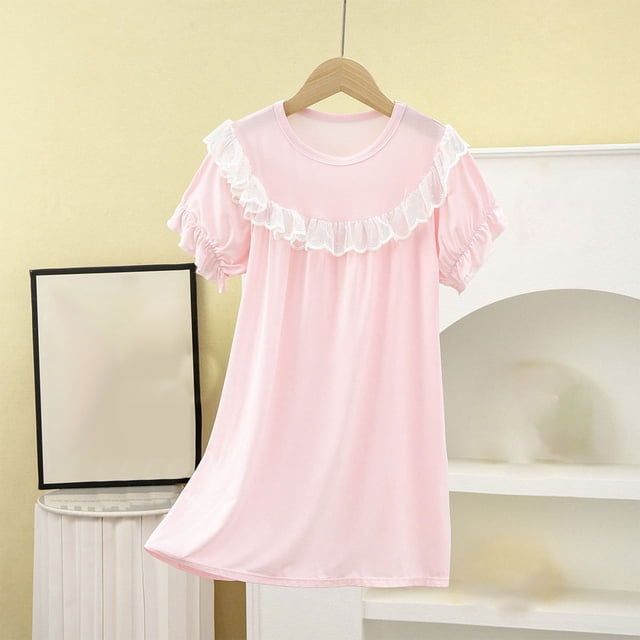 Offres du Jour Liquidation Iumwxz Mignonne Robe de Nuit Mi-Longue en Dentelle Ligne A Fluide Col Rond Manches à Volants Unies pour Adolescentes Robe Habillée pour la Rentrée 2-13 Ans