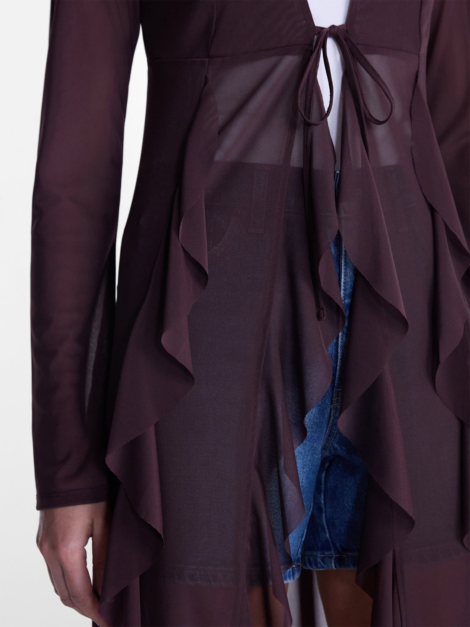 Madden NYC Women’s Ruffle Sheer Tie Front Duster with Long Sleeves, Sizes XXS-XXL