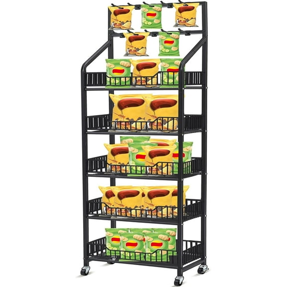 1 Set Retail Display Rack Shelf Cart with Wheels and Hook Heavy-Duty Metal Snack Potato Chip Display Organizer Concession Stand for Supermarket Grocery Store Home Black (5 Tier 10 Hook)