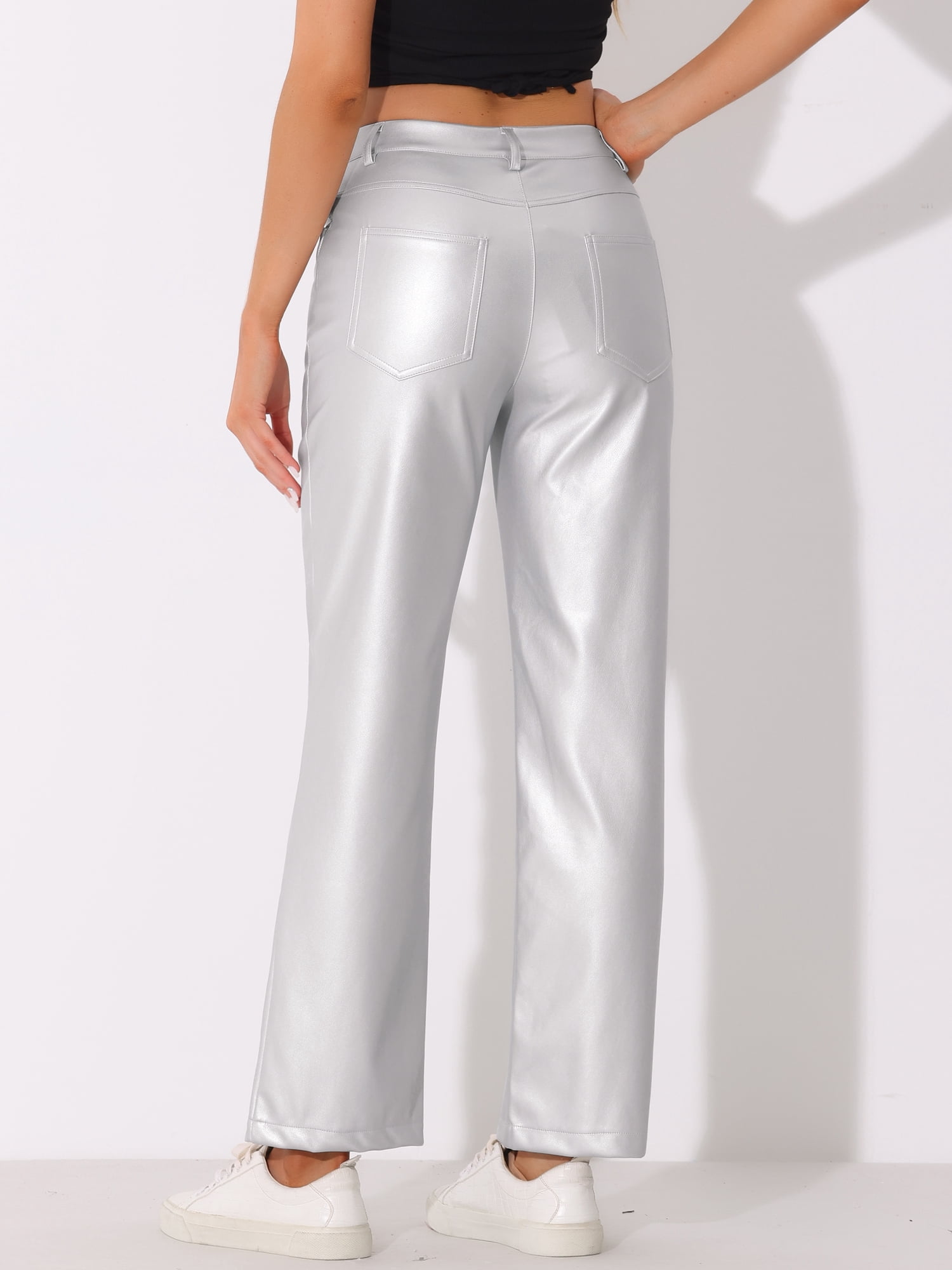 DARING DIVA Women's Faux Leather High Waist Straight Leg PU Punk Trousers XS Silver