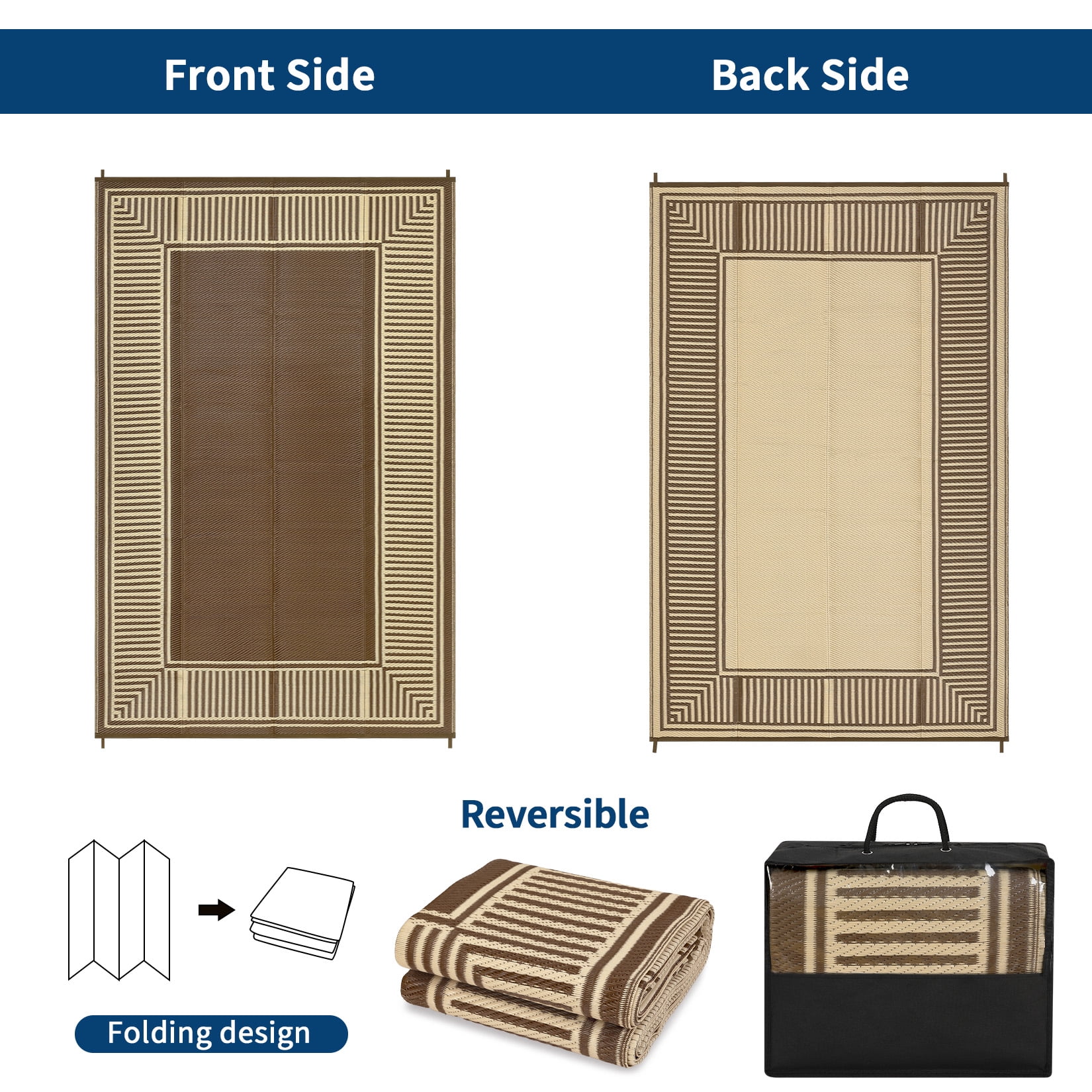 Garvee 9'x18' Waterproof Outdoor Area Rug Reversible Plastic Geometric Bordered Patio Mat UV-Protected for Deck, Backyard, RV and Camping, Brown