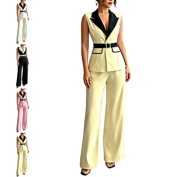 MLCDZ Two Piece Dressy Sets for Women Collar Sleeveless Top and Wide Leg Loose Straight Pants with Pockets Suits Set Office Work Business Casual Outfits