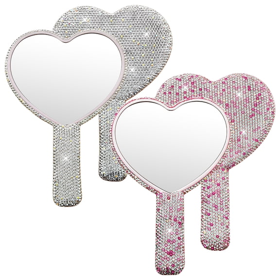 2 Pcs Heart Mirror Set, Small Hand Mirror with Rhinestone Handle and Frame, Pink and Silver Heart Shaped Mirror, Crystal Design Compact Mirror for Makeup and Travel, 6.3 in x 4.3 in