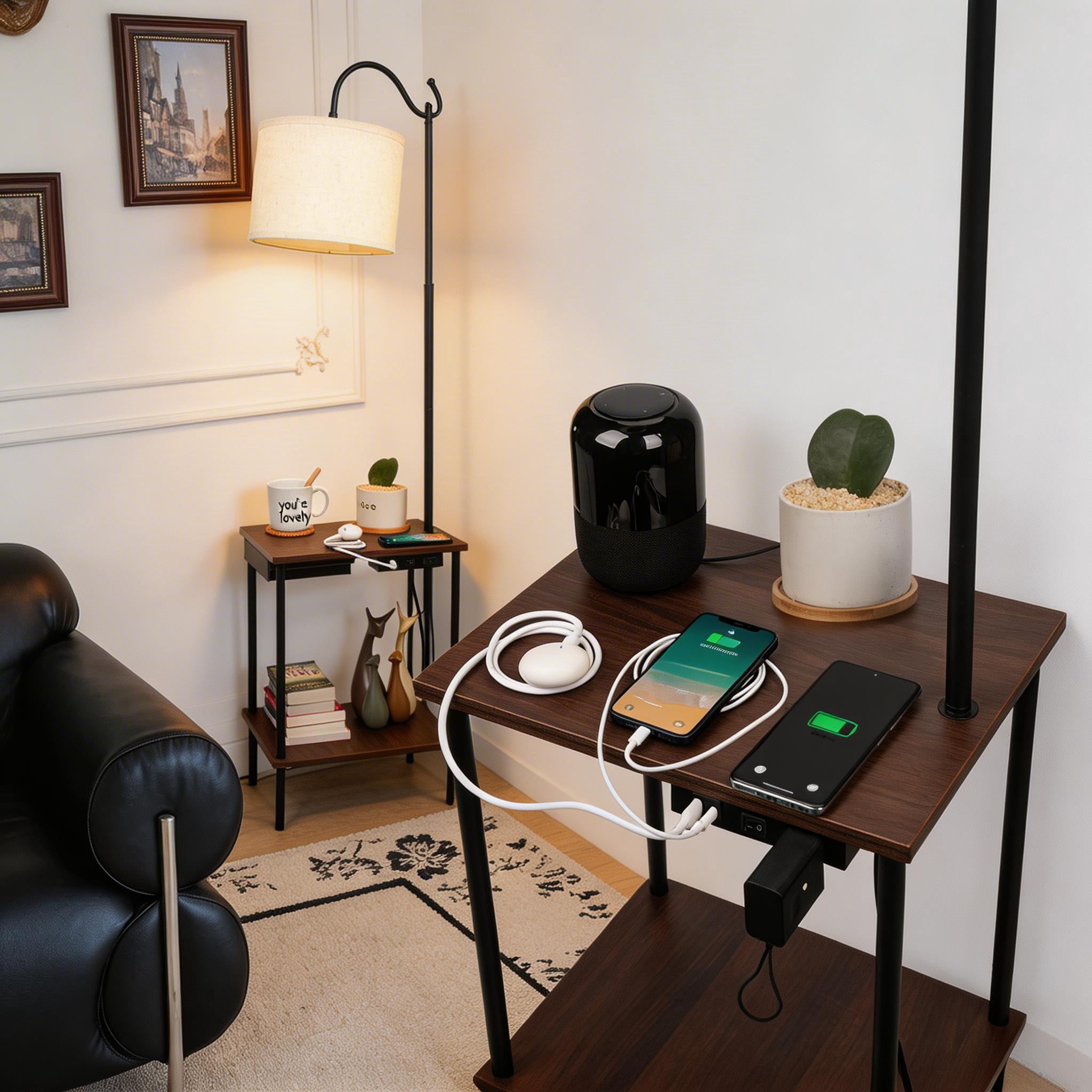 Black Floor Lamp with 2-Tier Wooden Tray & Drawer, Built-in Wireless & USB-C/A Charging & a socket, Adjustable Fabric Drum Shade Standing Lamp(No Bulbs)