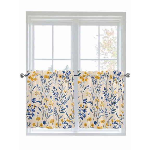 Half Window Curtains 24 Inches Long, Garden Flora Illustrations Window Treatment Curtain Drapes, Blue Yellow Flowers Short Curtains Tiers for Kitchen Over Sink, 27.5"x24", 2 Panels