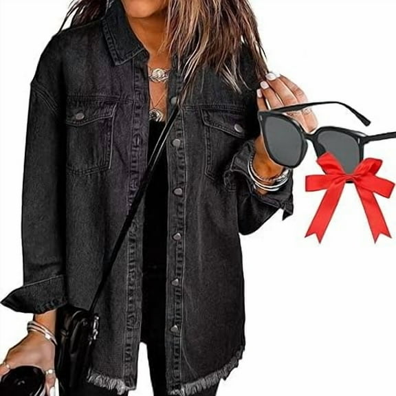 Meditatem Denim Jacket, 2025 Women's Casual Denim Button Down Distressed Jacket Long Sleeve Frayed Hem