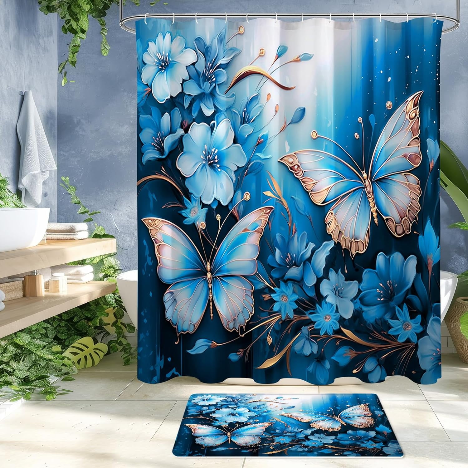 4 Pcs Navy Blue Floral Butterfly Shower Curtain Set with Non-Slip Rugs, Modern Toilet Lid Cover and Bath Mat, Elegant Bathroom Decor Set with Shower Curtain and Rugs(Hooks Not Included)